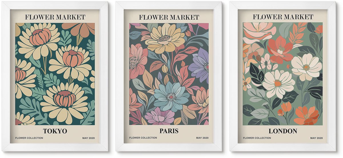 Wallfluent 3-Delige Schilderij Set - Bloemenposters Tokio Parijs Londen - 20 x 30 - Moderne Wanddecoratie - Slaapkamer