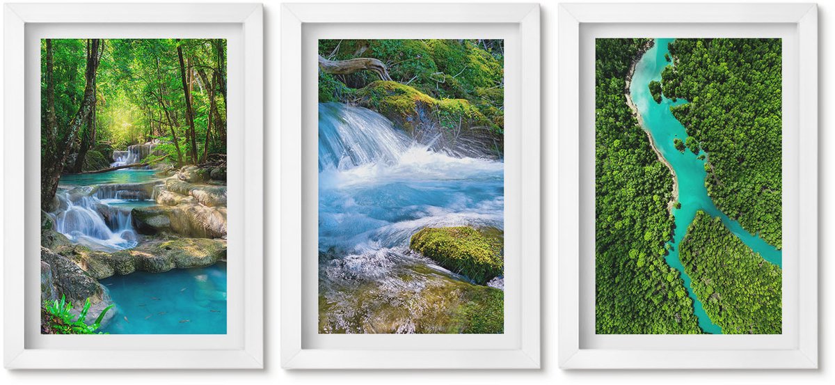 Wallfluent 3-Delige Schilderij Set - Groene Bossen En Kristalhelder Rivierwater - 20 x 30 - Muurdecoratie - Wanddecoratie - Hal - Moderne Wanddecoratie