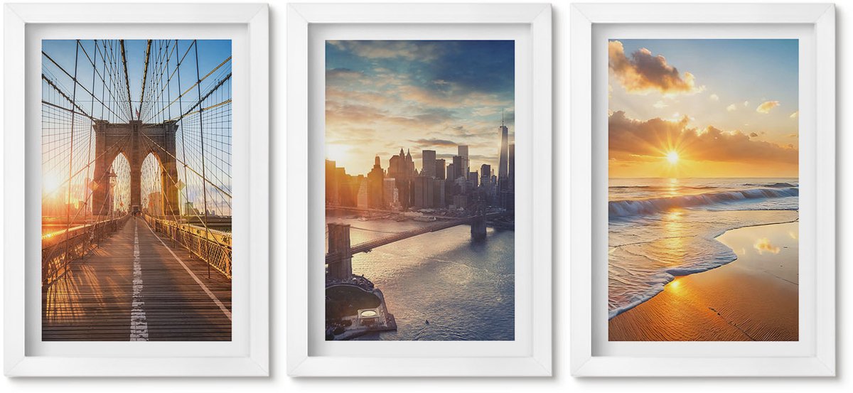 Wallfluent 3-Delige Schilderij Set - Bruggen En Zonsondergangen In Het Stedelijk Landschap - 20 x 30 - Wanddecoratie - Woonkamer Decoratie - Decoratieve Schilderijen