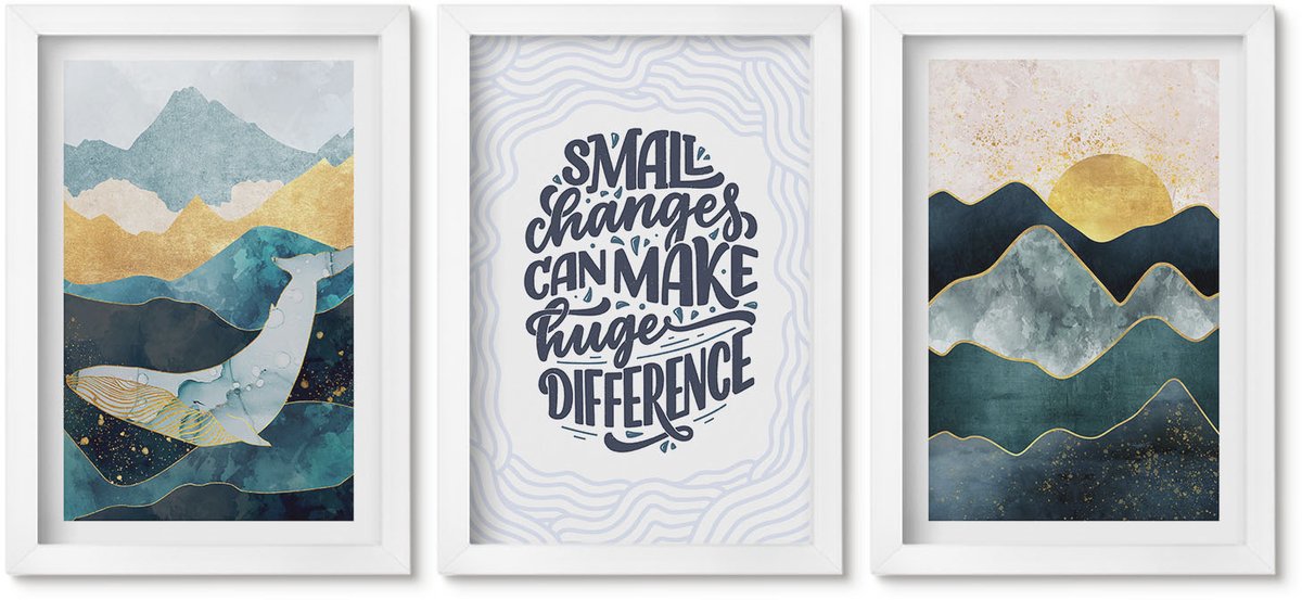 Wallfluent 3-Delige Schilderij Set - Abstracte Berglandschappen Met Inspirerende Belettering - 20 x 30 - Muurdecoratie - Interieur Decoratie - Stijlvolle Muurdecoratie