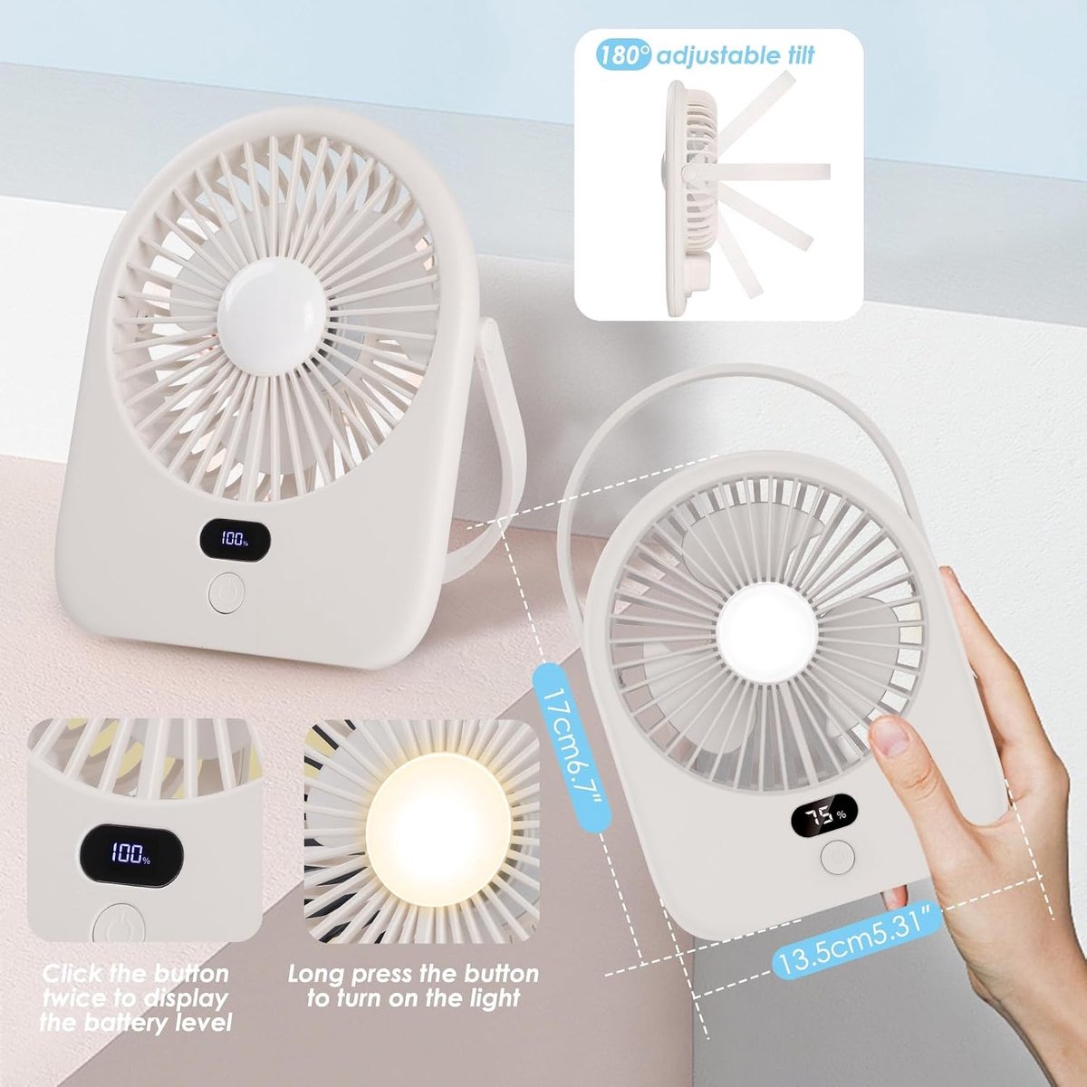 Draagbare Ventilator - Wit - Oplaadbare Tafelventilator met 5 Snelheden - Voor Kantoor, Thuis en Camping