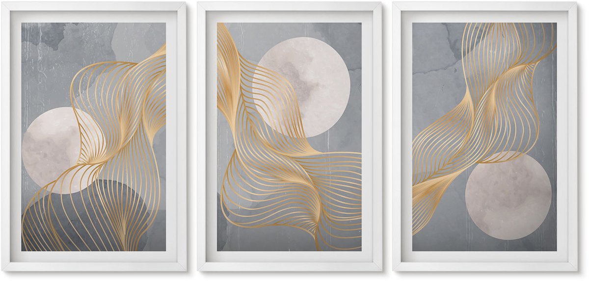 Wallfluent 3-Delige Schilderij Set - Abstracte Patronen Met Golven En Cirkels Op Een Grijze Achtergrond. - 40 x 60 - Wanddecoratie - Schilderijen Set - Interieur - Interieur Decoratie