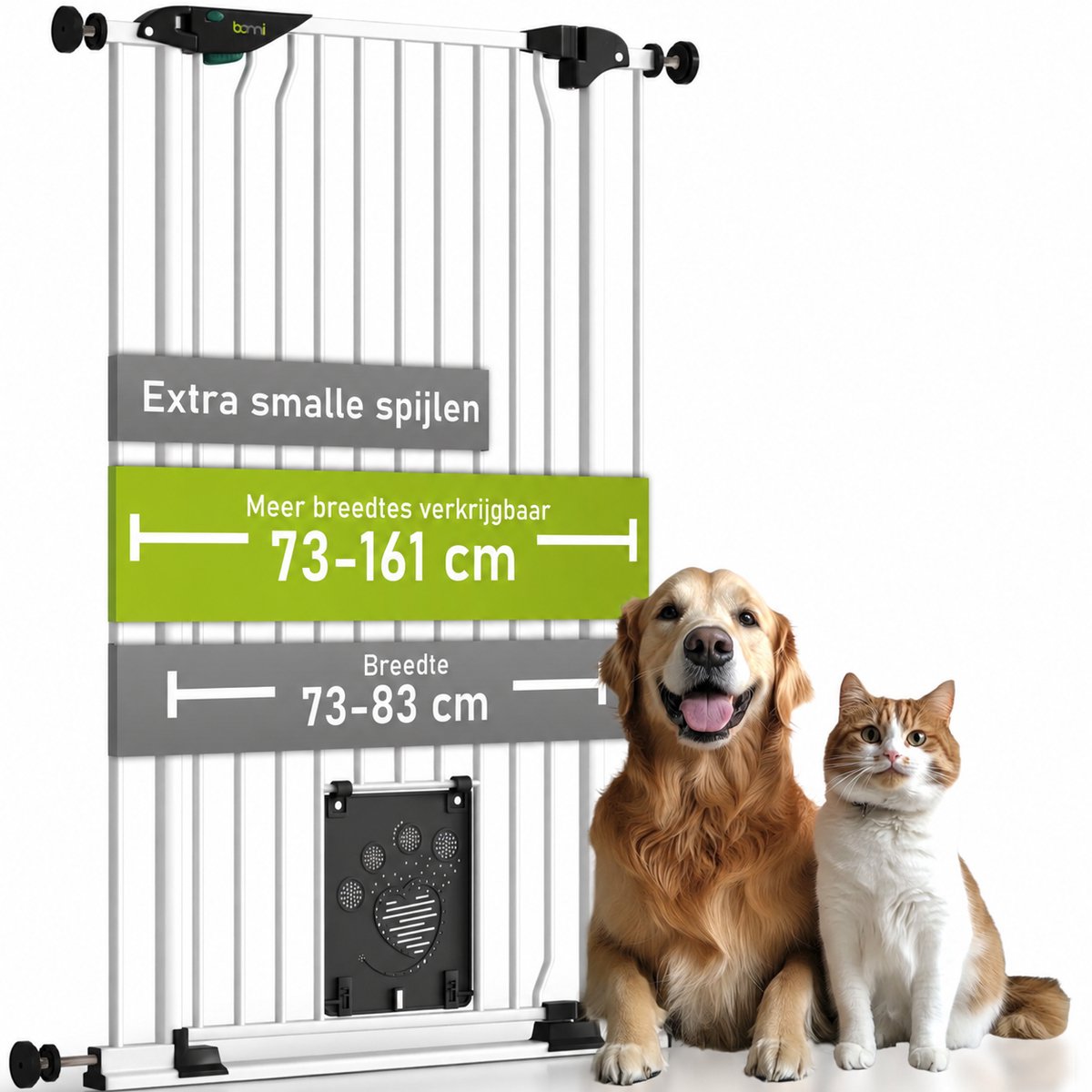 Bomi Mira Traphekje met Kattenluik Zonder Boren 73 t/m 83 cm Wit - Extra Hoog 107 cm - Hondenhekje voor Binnen - Traphekje Hond - Kattenhekje - Klembevestiging - Zelfsluitend