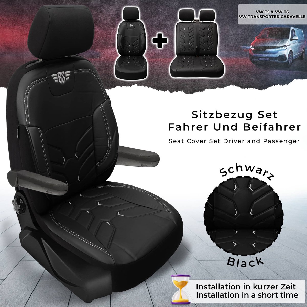Stoelhoezen voor VW Transporter BJ vanaf 2003 incl. Dubbele Passagiersbank in Zwart