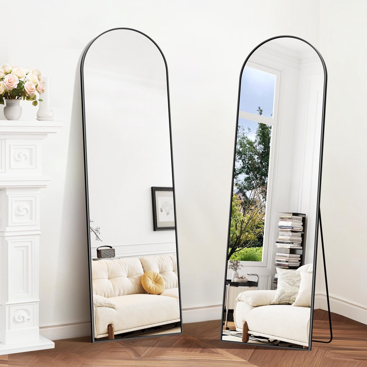 Famanu Staande spiegel van 150x40 cm, gebogen volledige lengte, zwarte vloer- en wandspiegel met standaard, geschikt voor woonkamer, slaapkamer en entree