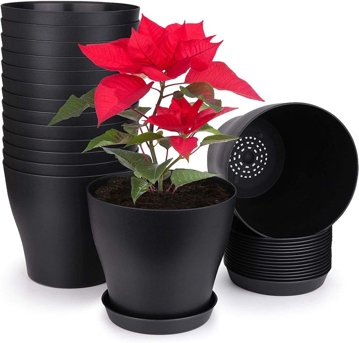 Famanu – Set van 10 plastic plantenpotten van 14 cm voor binnen, met palletbakken, ideaal voor kantoor en huis, zwart
