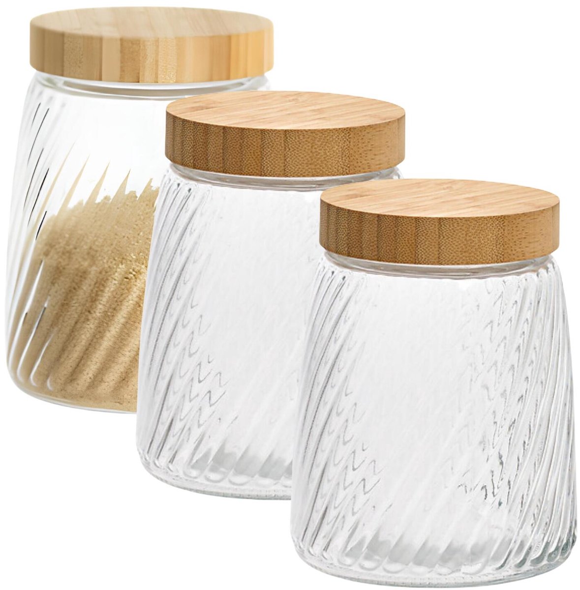 Voorraadpot Food Essentials Ventura - 3x - keuken - ribbel glas / bamboe - 1.3 liter - luchtdichte draaideksel - bewaarpotten - opslagpotten