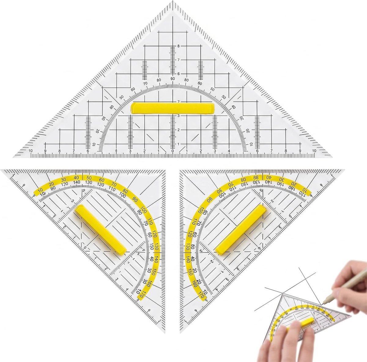 Geodriehoekset 3-delig met handvat, 22 cm grote tekenhoek en 2 x 15,7 cm multifunctionele gradenboog, transparant - ShopVlot
