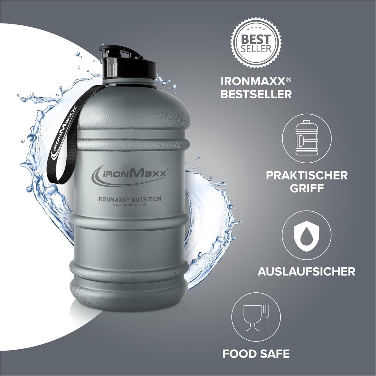 Waterjug - Matt Ash Grey - 2200 ml - BPA- en DEHP-vrije Lekvrije Waterfles - Voor Sport en Dagelijks Gebruik