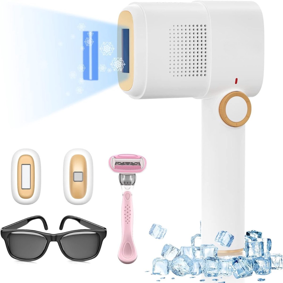 QUOVO® Laser Ontharingsapparaat – Haarverwijderaar IPL Technologie – Ontharingsapparaat - Epileerapparaat Voor Vrouwen – Inclusief Scheermesje en Beschermbril- Wit- 23cm x18cm x 7 cm