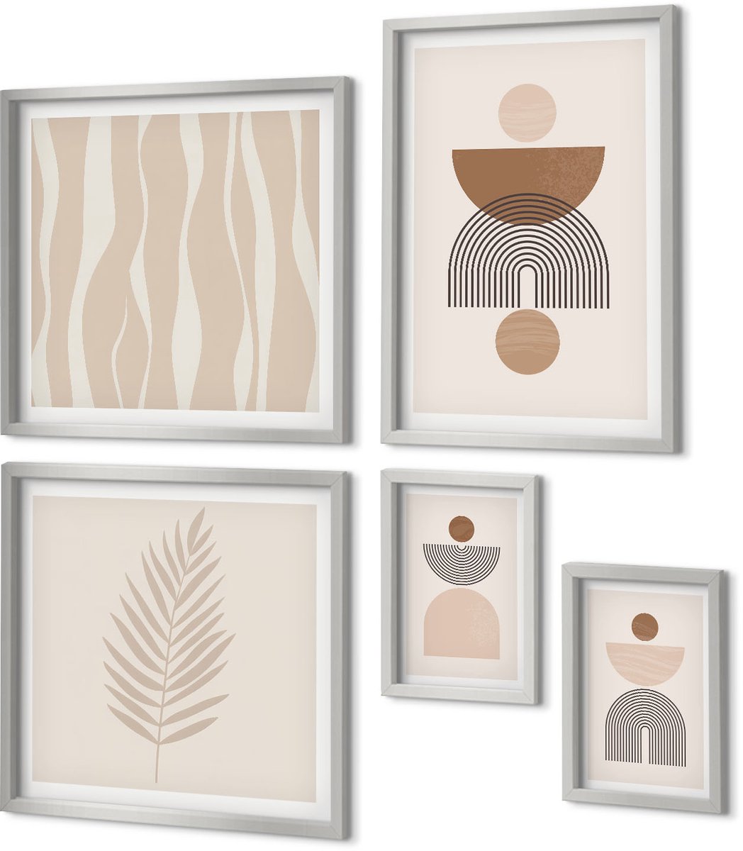 Coloray 5-Delige Schilderij Set - Abstracte Vormen En Plantmotieven In Neutrale Tinten. - 20 x 30 cm - Muurdecoratie - Wanddecoratie - Hal - Stijlvolle Muurdecoratie