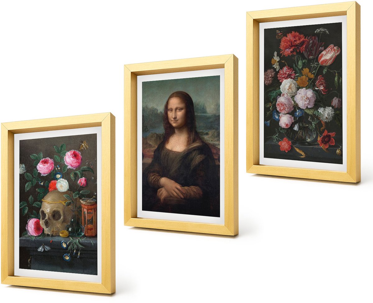 Coloray 4-Delige Schilderij Set - Vintage bloemen, schedel en Mona Lisa-portret van Leonardo Da Vinci - 20 x 30 cm - Decoratieve Muurdecoratie - Slaapkamer - Decoratieve Schilderijen