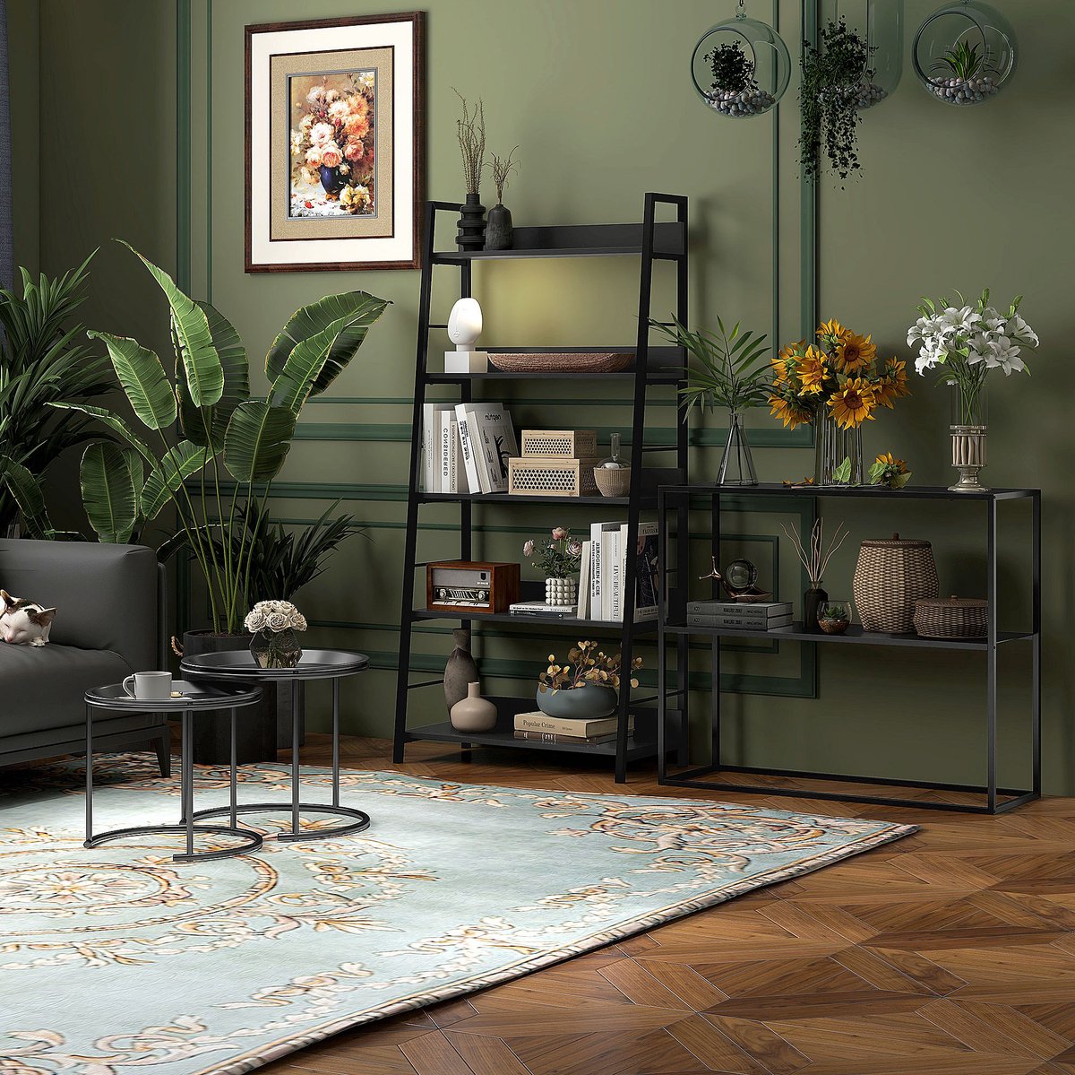 MIVRAY Salontafel Set Van 2 - Ronde Stapelbare Bijzettafels Met Afneembaar Dienblad - Voor Woonkamer En Kleine Ruimtes - Staal - Zwart - 43 En 35 Cm