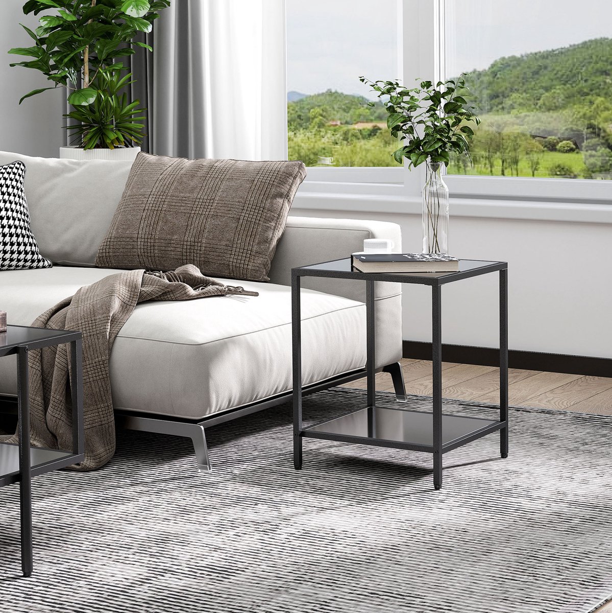 MIVRAY Bijzettafel - Tafel Met 2 Niveaus Van Gehard Glas En Stalen Frame - Modern Voor Woonkamer En Slaapkamer - Zwart - 40 X 40 X 50 Cm