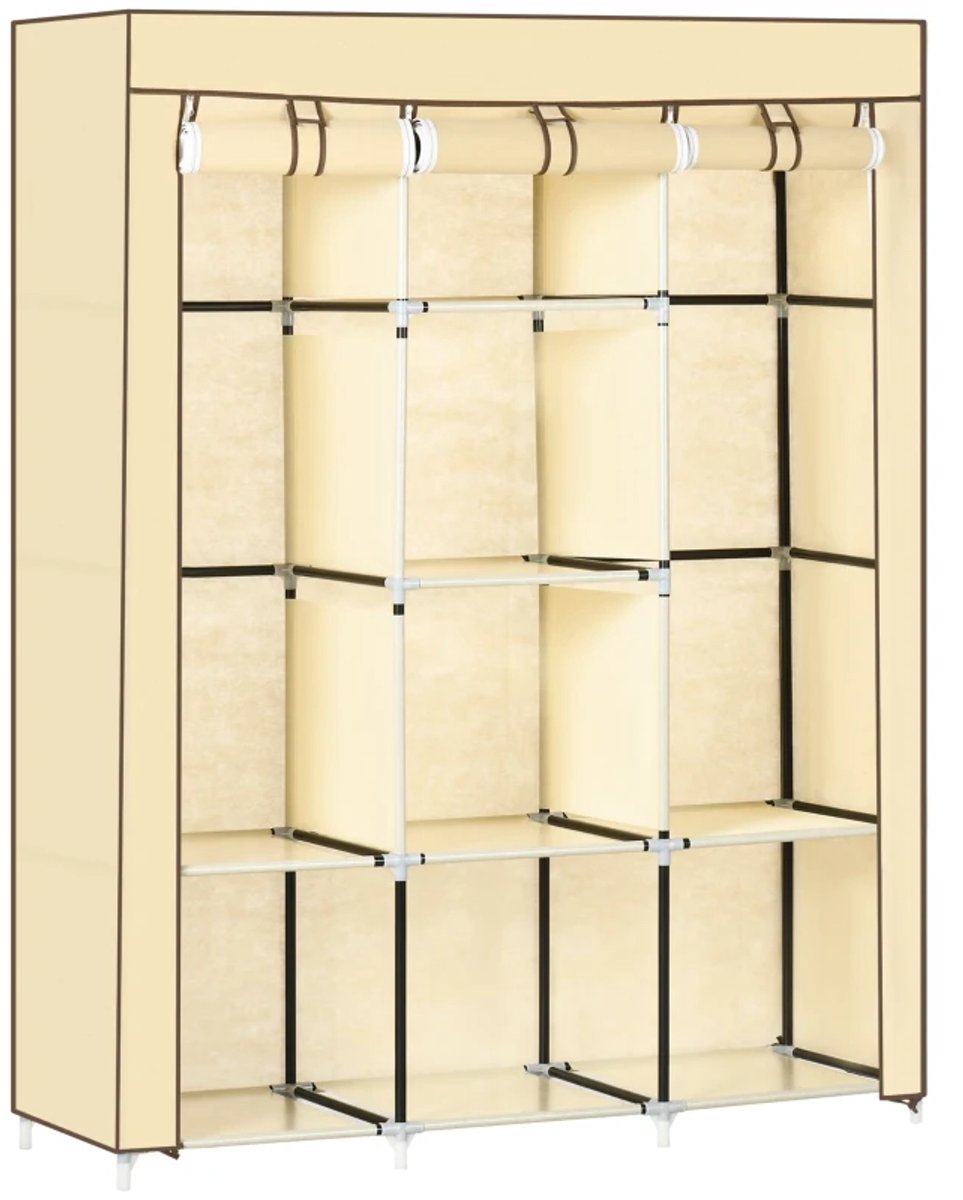 Kledingkast - Stoffenkast - Opbergoplossing met 8 planken en 2 kledingroedes - Beige