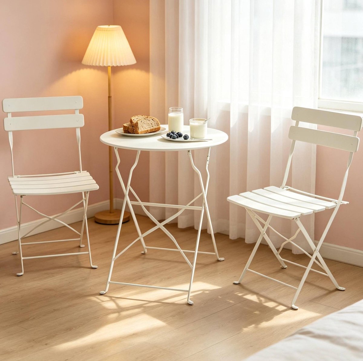 FloraGrace Buiten Tafel En Stoelenset - 3 Delig Opvouwbaar Tuinset - Zonder Montage, Compact En Stabiel - Voor Balkon, Terras En Tuin - Metaal - Crème