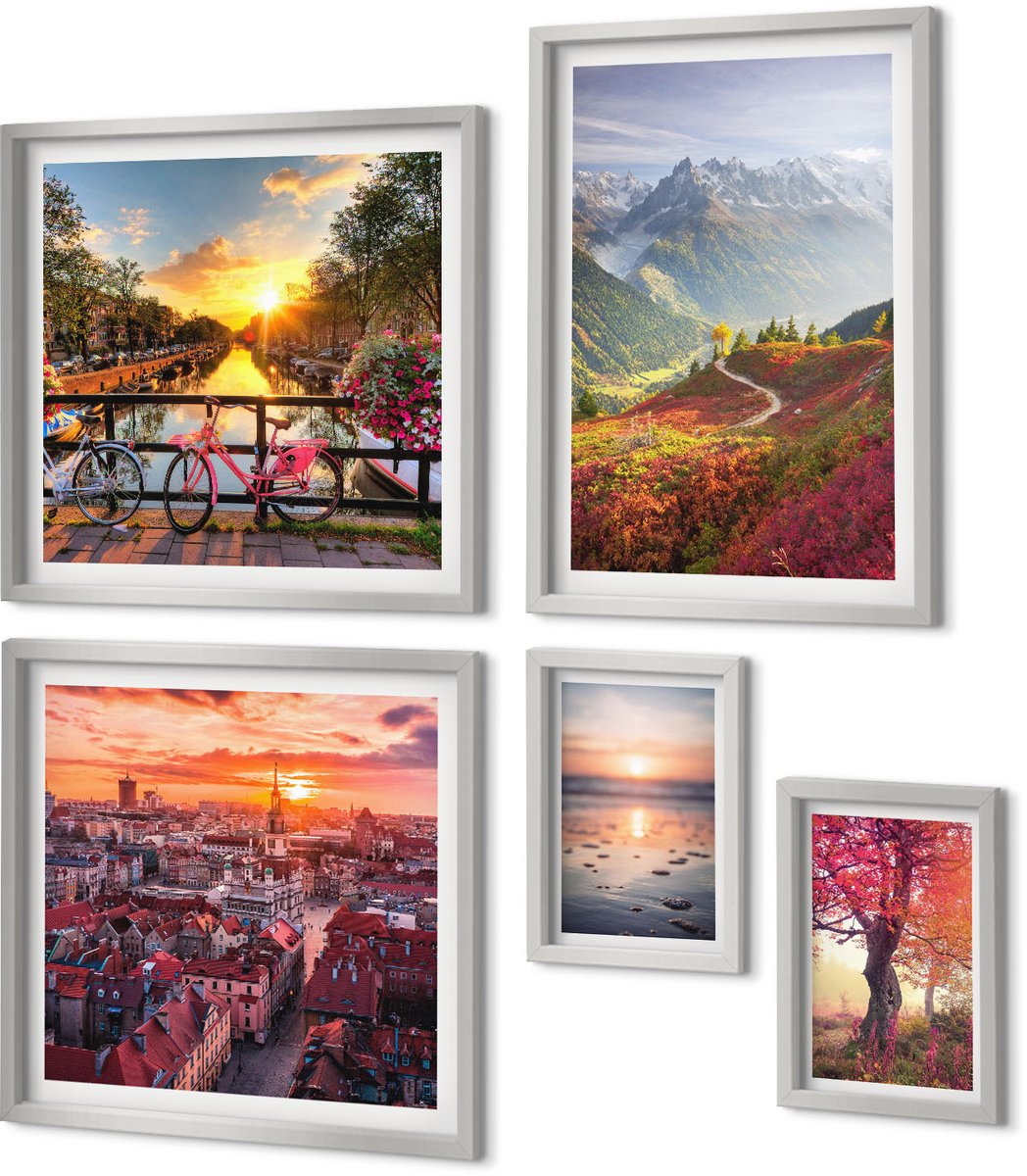 Coloray 5-Delige Schilderij Set - Eenvoudige Tekeningen Van Stadsgezichten - 20 x 30 cm - Schilderijen Set - Wanddecoratie - Woonkamer - Decoratieve Schilderijen