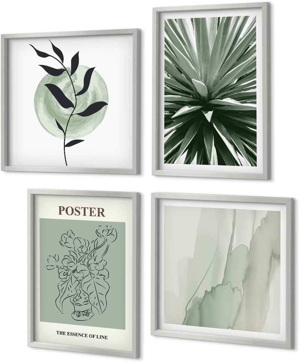 Coloray 4-Delige Schilderij Set - Plantenpatronen in tinten groen en beige - 40 x 40 cm en 40 x 60 cm - Muurdecoratie - Wanddecoratie - Slaapkamer - Woonkamer Decoratie