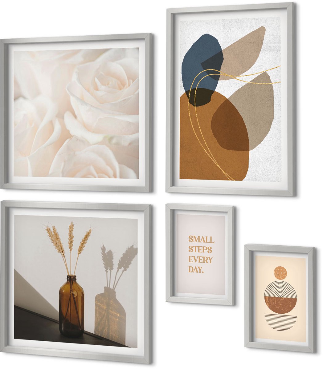 Coloray 5-Delige Schilderij Set - Abstracte Vormen En Natuurlijke Accenten Inbegrepen - 20 x 30 cm - Wanddecoratie - Woonkamer Decoratie - Muurdecoratie