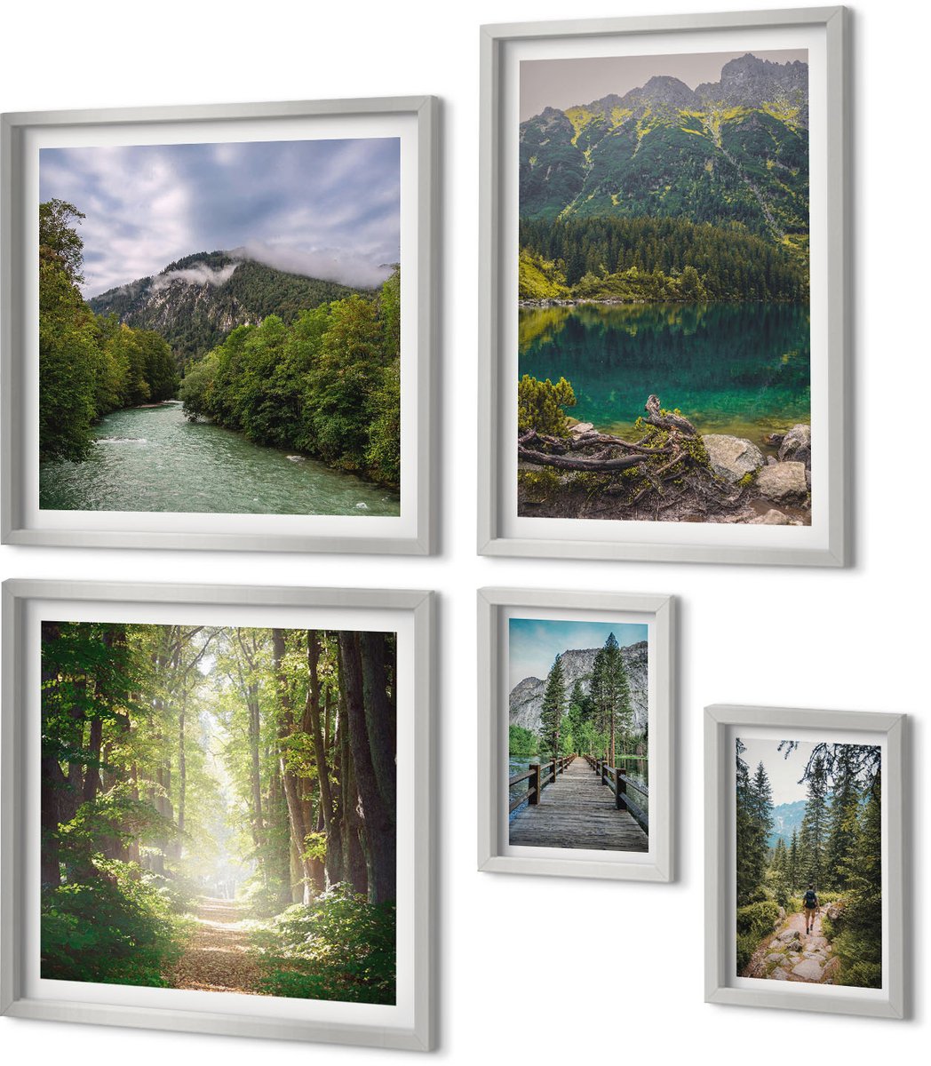 Coloray 5-Delige Schilderij Set - Weg Door Het Bos, Bergen En Herten In De Natuur. - 20 x 30 cm - Muurdecoratie - Wanddecoratie - Slaapkamer - Stijlvolle Muurdecoratie