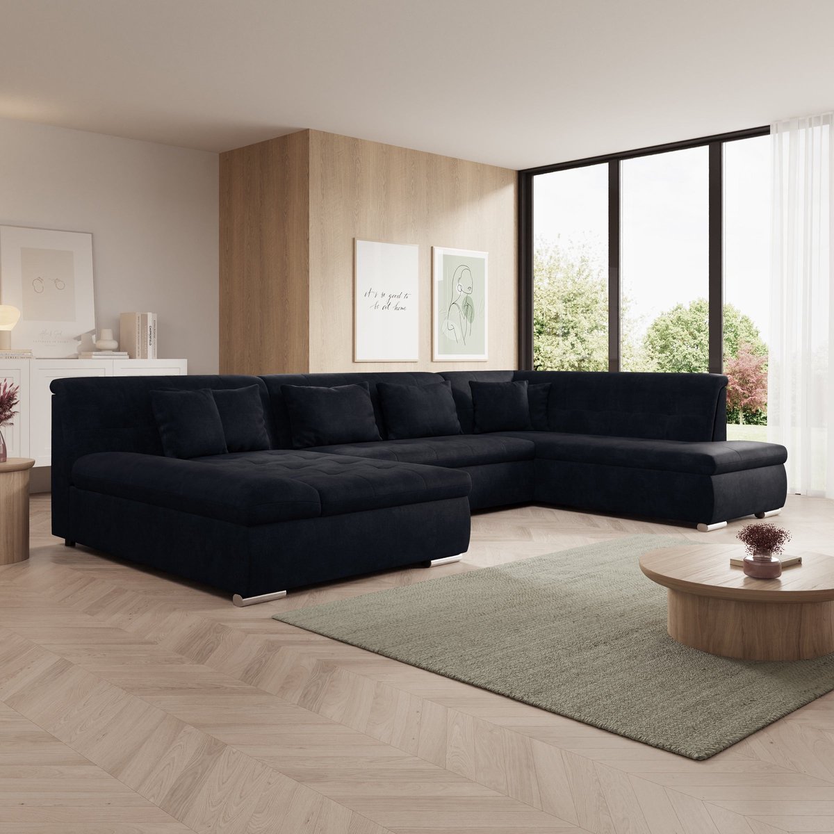 Meubella - Alberta XL - Hoekbank 5-zits - Zwart - Velvet - Links