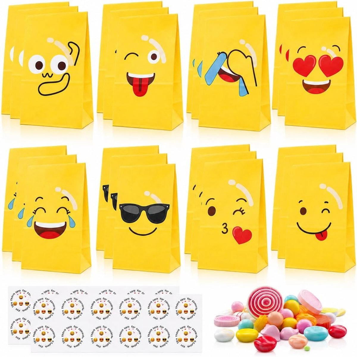 LYEGJT 24 stuks geschenkzakjes, zakken, gele cartoon-emoji, creatieve verpakking, voor het verpakken van geschenken - ShopVlot