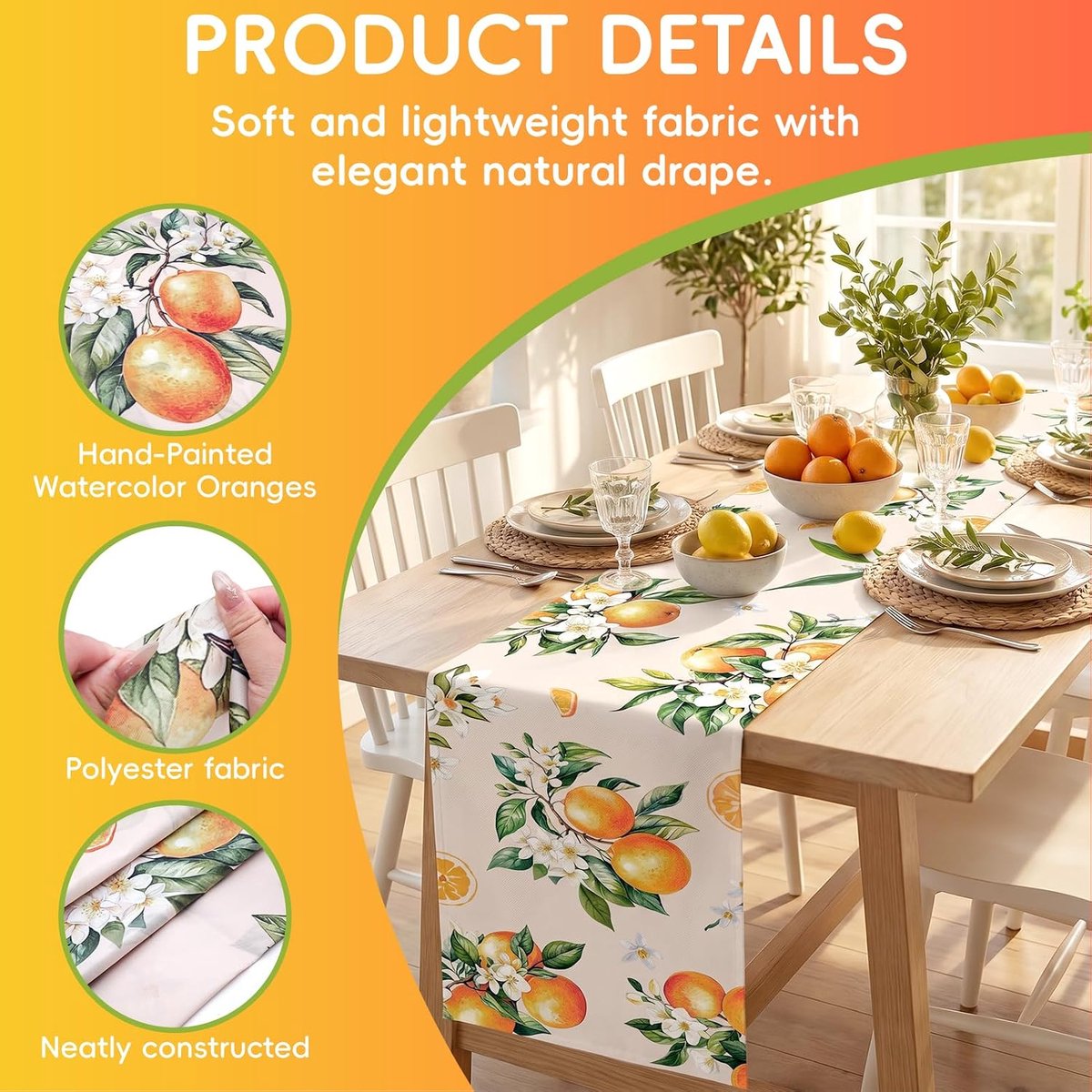 Zomerse tafelloper met sinaasappels,bloemen en bladeren,oranje tafelloper - ShopVlot