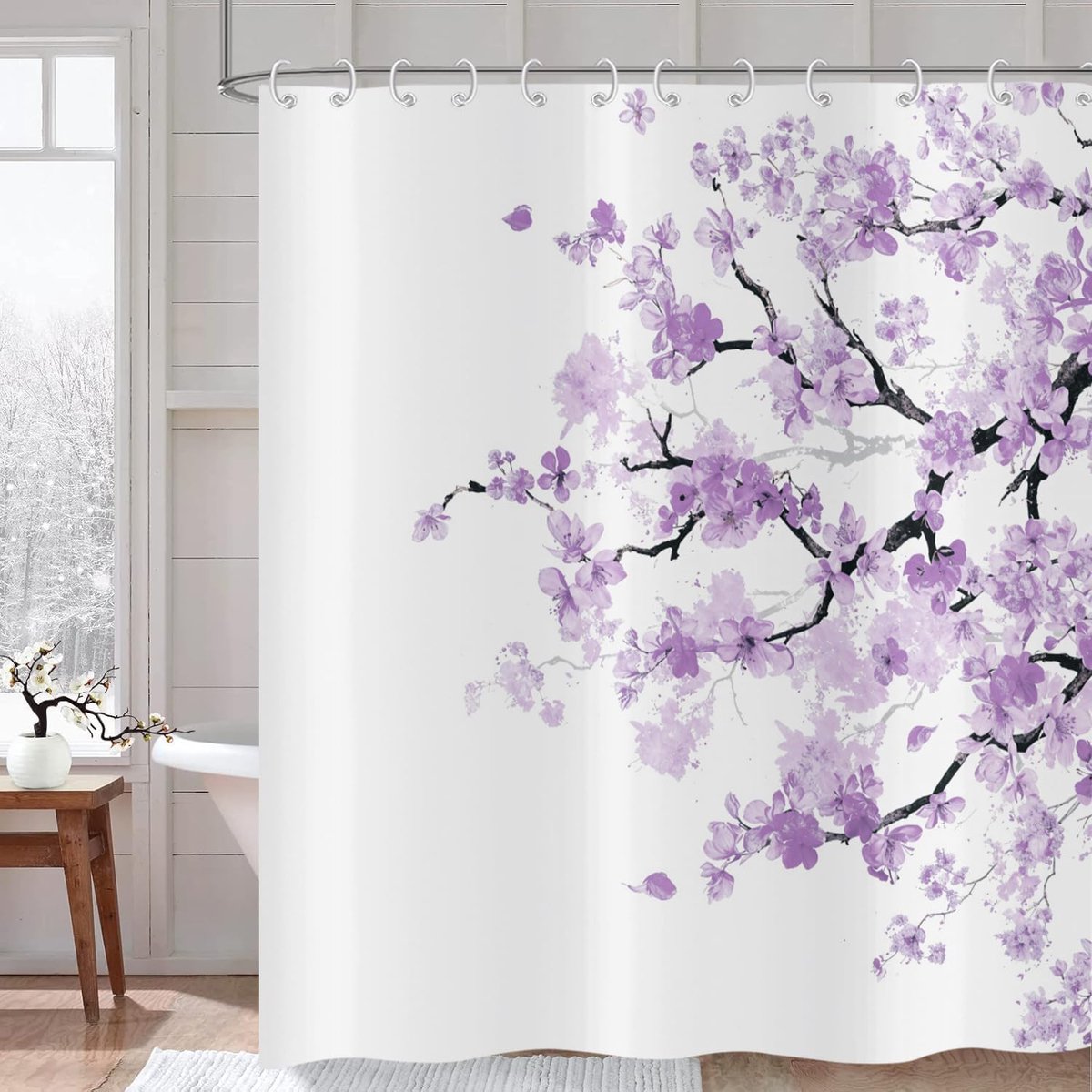 Douchegordijn, kersenbloesem, 180 x 200 cm, paarse bloemen, sakura, pruimenbloesem, Japanse en Aziatische kunststijl - ShopVlot