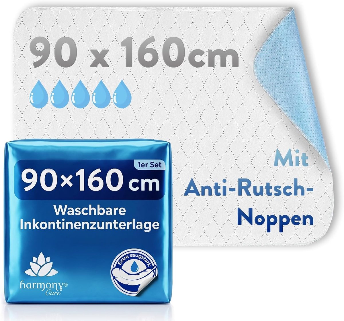 Harmony Care® Incontinentie-onderlegger, wasbaar, 90 x 160 cm, antislip noppen - ShopVlot