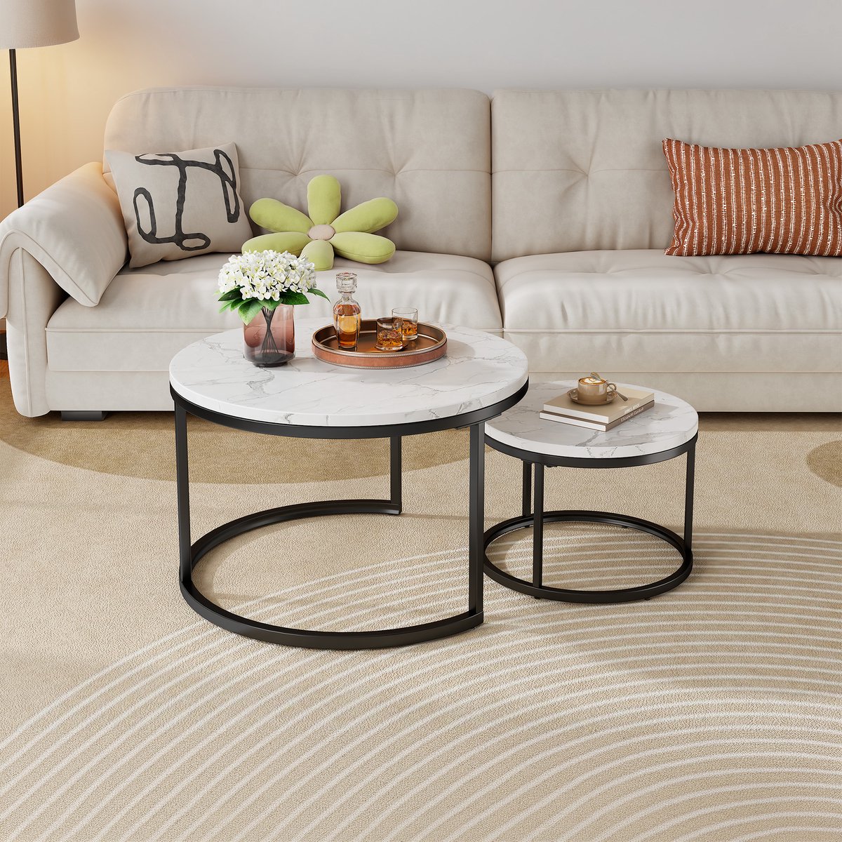 HAUSS SPOLE Bijzettafel Set – Nestbaar En Ruimtebesparend – 70 X 70 X 45 Cm En 45 X 45 X 37 Cm – Metaal En MDF – Goud Met Wit – Woonkamer En Flexibele Opbergruimte – Marmerlook