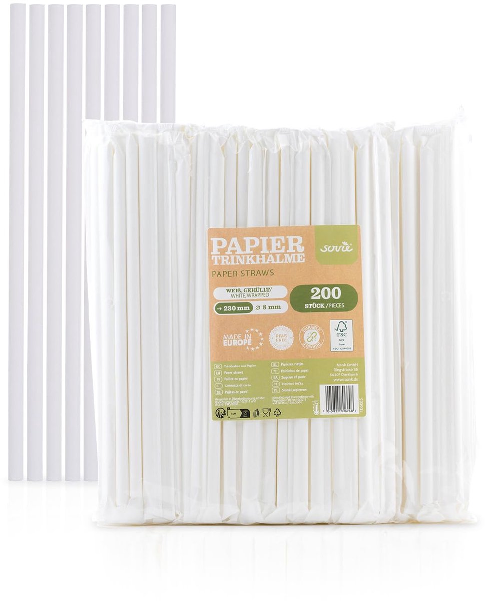 Milieuvriendelijke papieren drinkrietjes, voor feestjes en bruiloften, in recyclebare foliezakken, rietjes, wit - ShopVlot