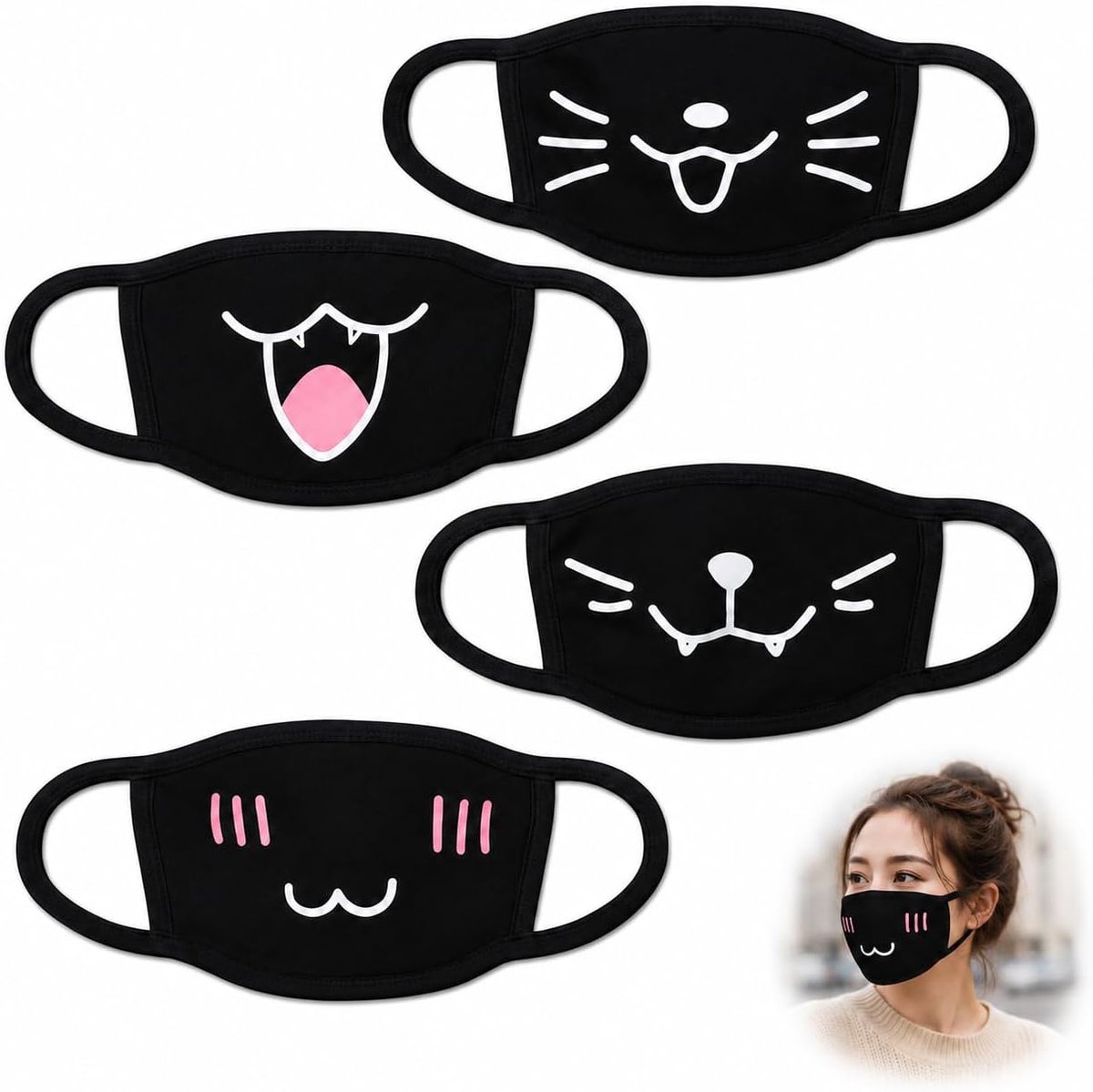 Femboy Set of 4 Masks Cosplay Anime Kawaii Cloth Mask Black Face Mask Reusable Cotton Masks for Femboy Outfits Cosplay - ShopVlot