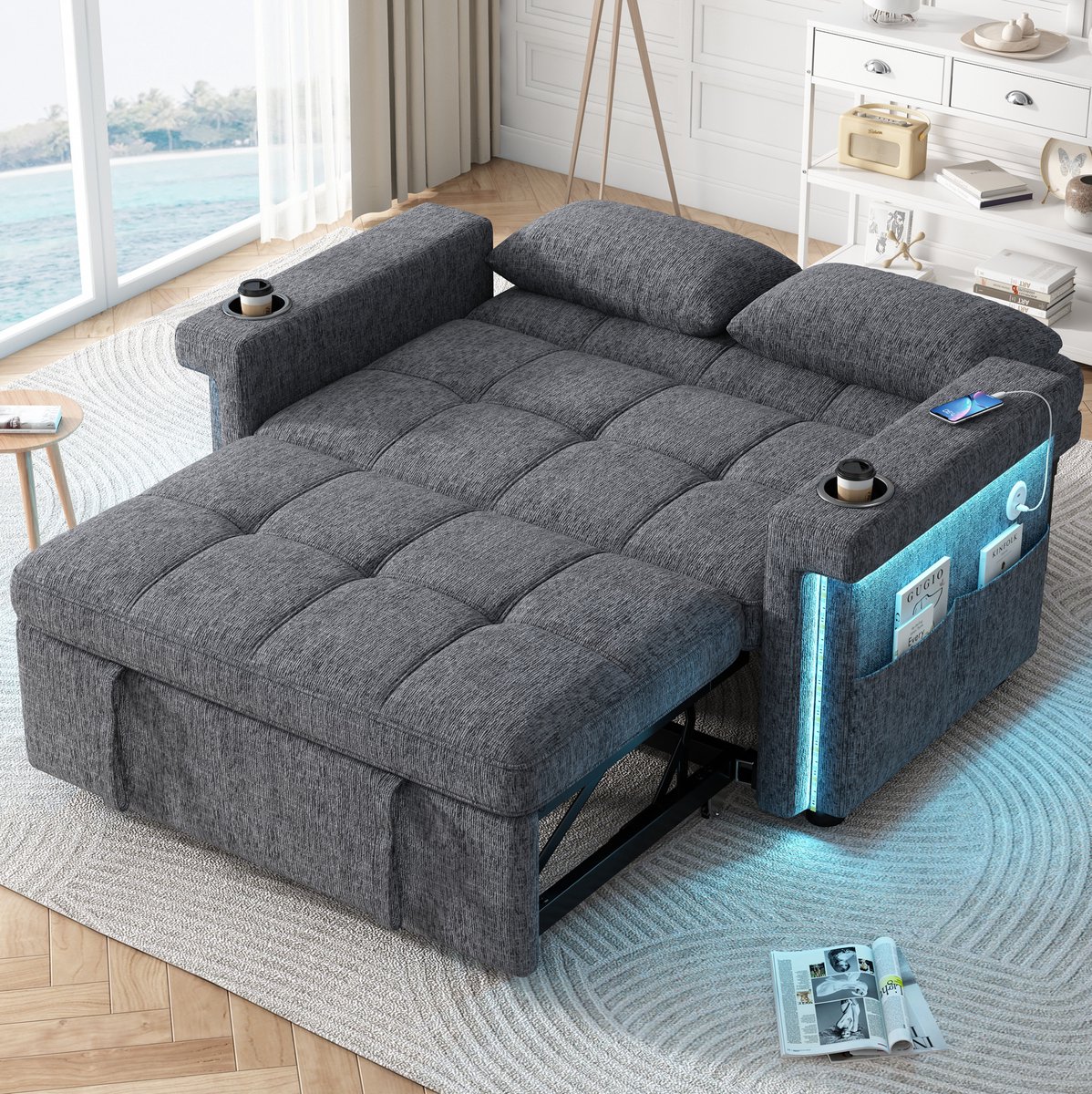 STILVORA Slaapbank 2-Zits - Uitschuifbaar Met LED-Verlichting, USB En Type-C - Voor Woonkamer En Logeerkamer - Chenille - Grijs