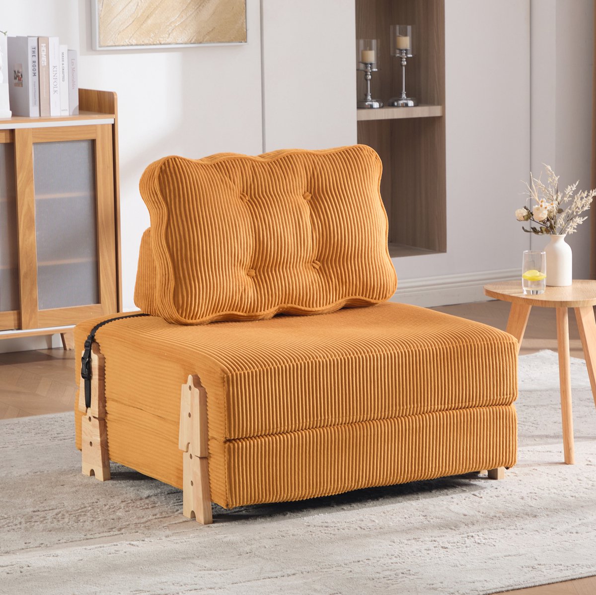 STILVORA Fauteuil 90 x 86 x 84 cm - Opklapbare Slaapfauteuil Voor Kleine Ruimtes - Scandinavisch Design - Hout En Stof - Oranje