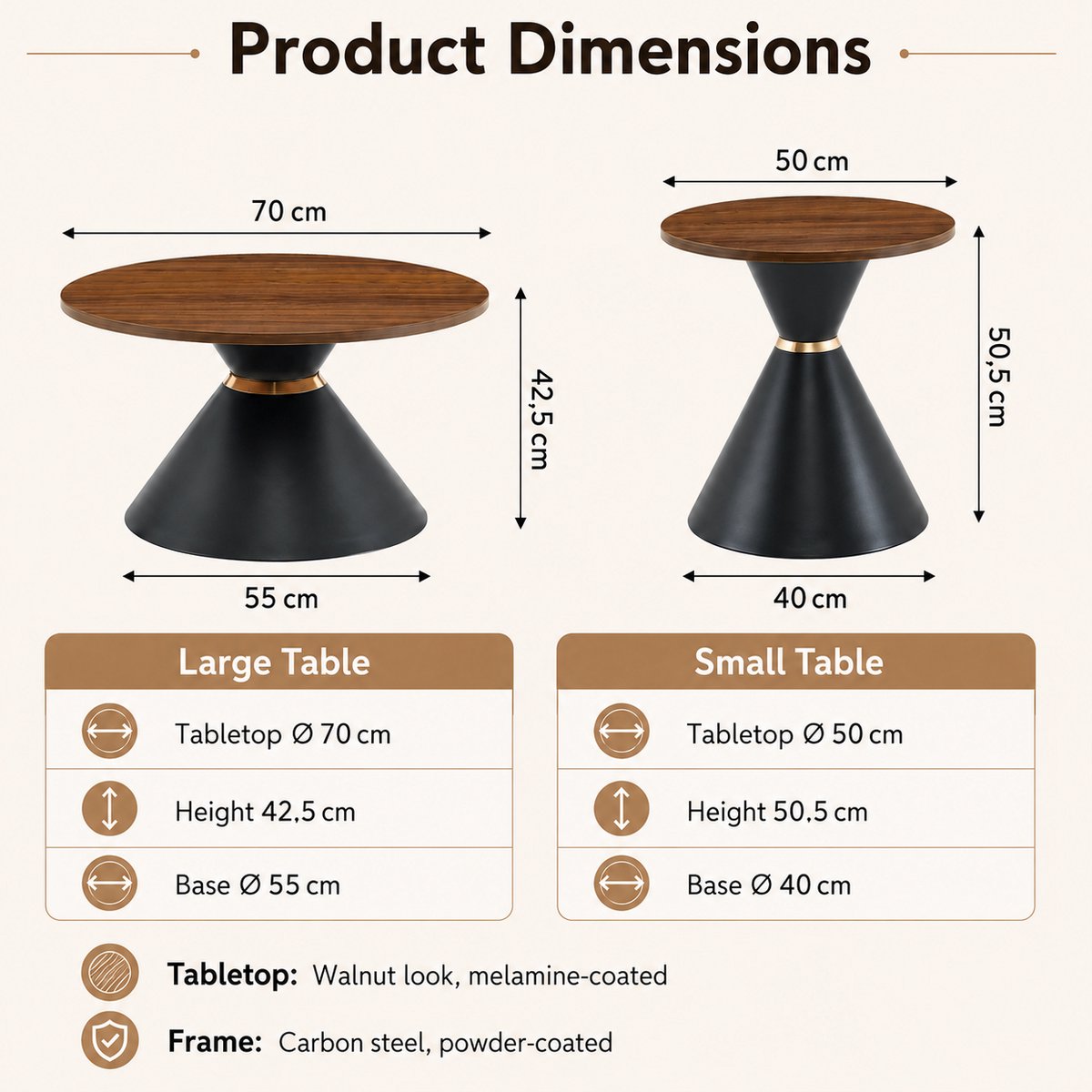 MODENUIT Salontafel - 2-Delige Ronde Couchtafel - Woonkamer En Slaapkamer - Metaal - Walnoot En Zwart - 70 Cm