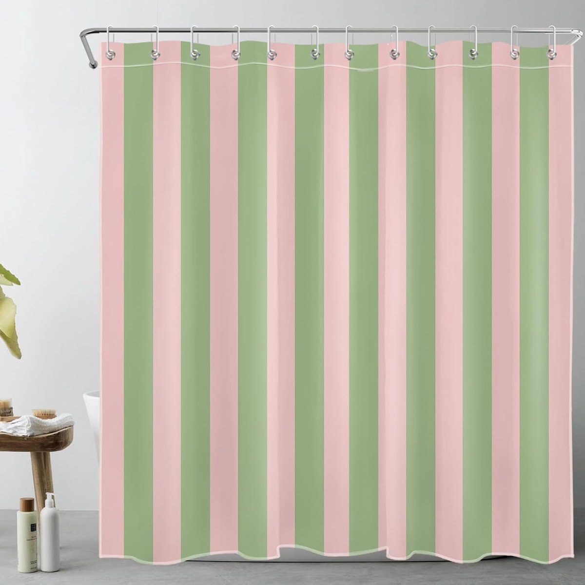 Douchegordijn 240 x 200 cm - Groen en roze gestreept - Polyester stof - Waterdicht en schimmelbestendig - ShopVlot