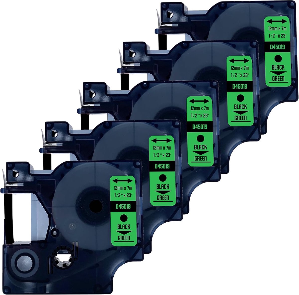 Label tape 12mm x 7m - zwart op groen - compatibel met Dymo 45019 - duurzame labels voor organisatie - ShopVlot