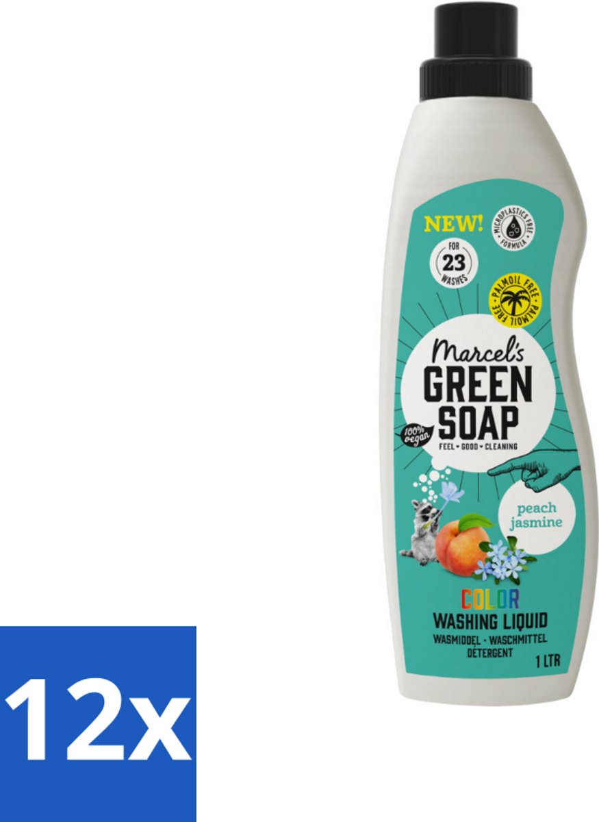 12 x Marcel's Green Soap - Vloeibaar Wasmiddel - Kleur - Perzik & Jasmijn - Effectief & natuurlijk - 23 Wasbeurten - 1 liter - Wasmiddel - Biologisch Afbreekbaar - Milieuvriendelijk - Vegan - Perzik