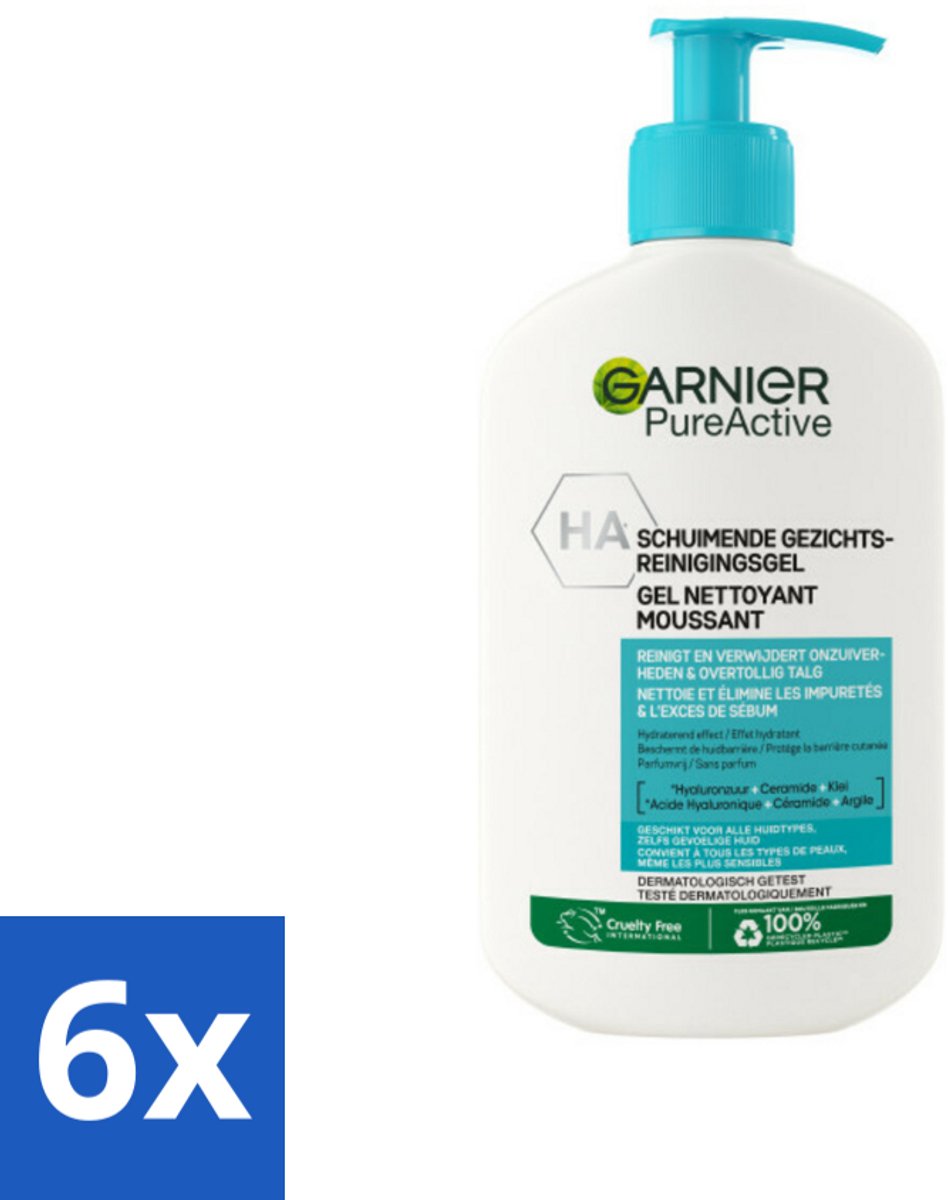 6 x Garnier - Pure Active - Gezichtsreiniger - Hydraterend - 250 ml - Gezichtsreiniger - Hydraterende Reiniger - Garnier Pure Active - Gezichtsverzorging - Gevoelige Huid