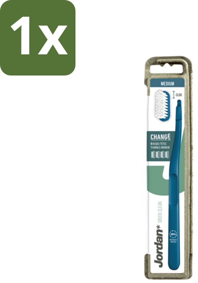 1 x Jordan - Tandenborstel - Green Change - Medium - 4 Opzetborstels & 1 Houder - Tandenborstel - Vervangbare Kop - Duurzaam Poetsen - Milieuvriendelijk - Medium Borstelharen