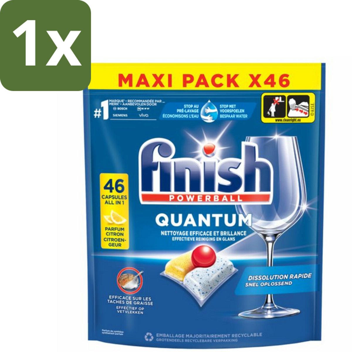 1 x Finish - Vaatwasmiddel - Quantum Vaatwastabletten Citroen - Diepe Reiniging & Frisheid - 46 capsules - Vaatwasmiddel - Vaatwastablet - Diepe Reiniging - Citroengeur - Glans