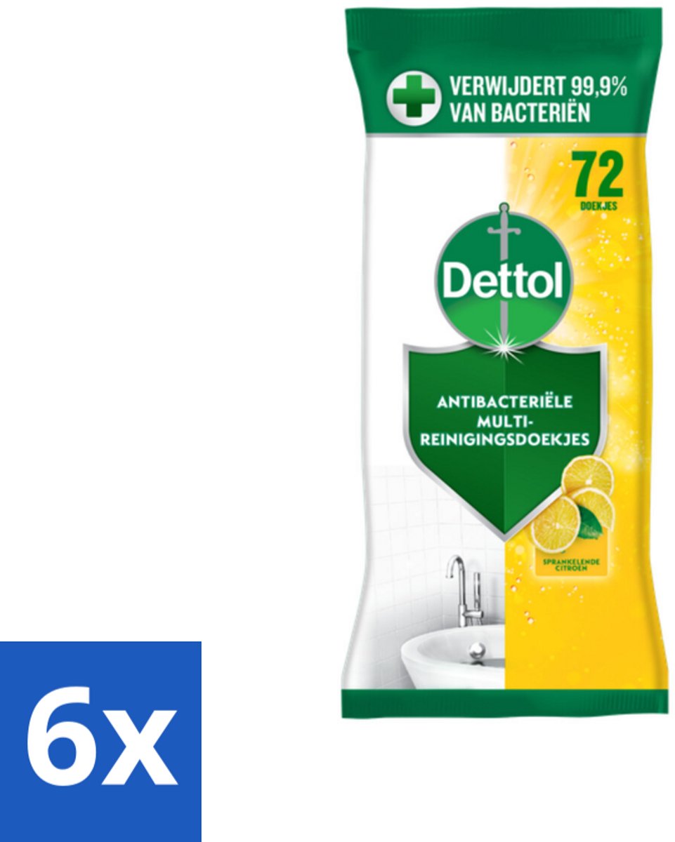 6 x Dettol - Reinigingsdoekjes - Sprankelende Citroen - 99,9% Bacterieverwijdering - 72 Doekjes - Reinigingsdoekjes - Antibacterieel - Schoonmaak - Hygiëne - Citroen