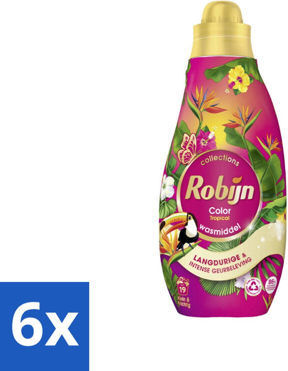 6 x Robijn - Klein & Krachtig Color Tropical - Wasmiddel - 19 Wasbeurten - 665 ml - Wasmiddel - Kleurwas - Tropische Geur - Wasverzachter - Biologisch Afbreekbaar