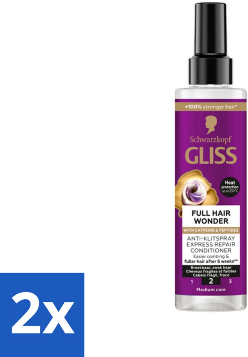 2 x Gliss - Anti-Klit Spray Full Hair Wonder - Voor Voller en Sterker Haar - 200 ml - Haarverlies - Haarversterking - Anti-klit Spray - Volume Shampoo - Haarspray
