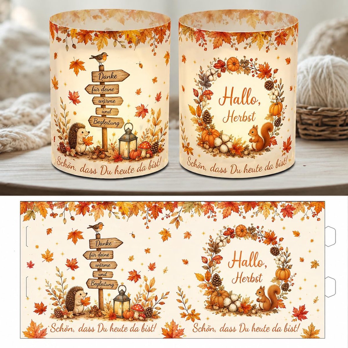 Herfstdecoratie 12 windlichten - kunststof - met egel en eekhoorn - herbruikbaar en ruimtebesparend - ShopVlot