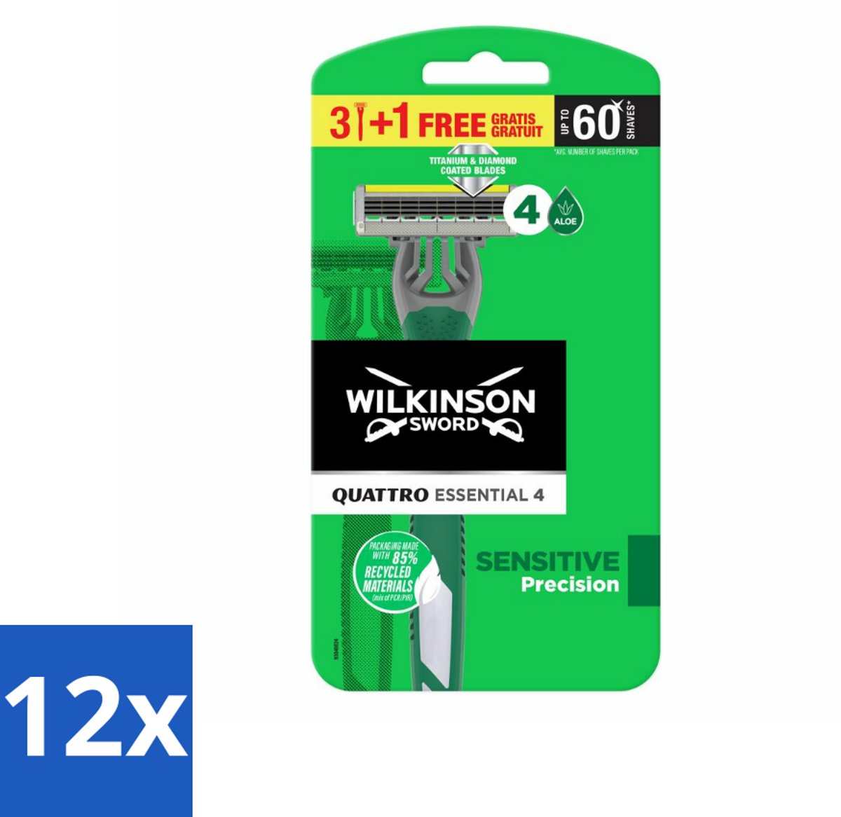 12 x Wilkinson - Wegwerpscheermesjes - Quattro Essential 4 - Strak Scheren - 4 mesjes - Wegwerpscheermesjes - Scheermes - Quattro Essential - Wilkinson Sword - Scheermesjes