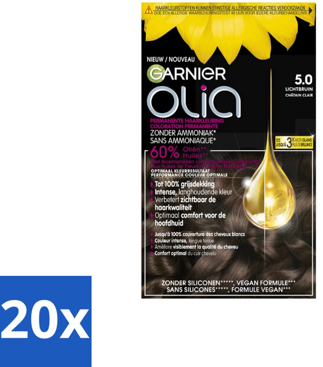 Garnier - Olia 5 - Haarkleuring - Lichtbruin - Zonder Ammoniak - 60% Olie - Permanente Kleur - Bulkverpakking - 20 stuks
