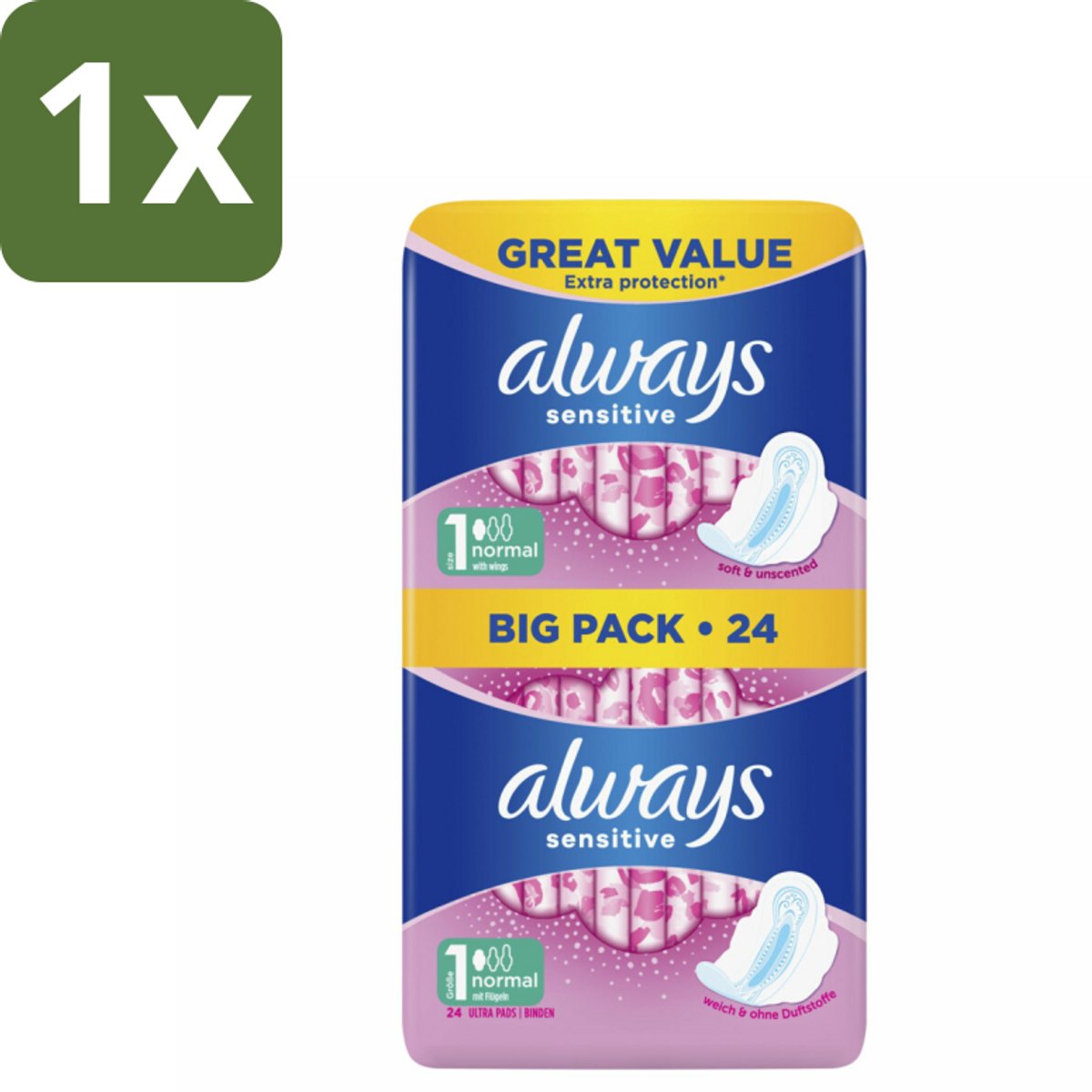 1 x Always - Maandverband - Normal - 24 Maandverband - Maandverband - Menstruatie - Gevoelige Huid - Zachte Maandverbanden - Bescherming
