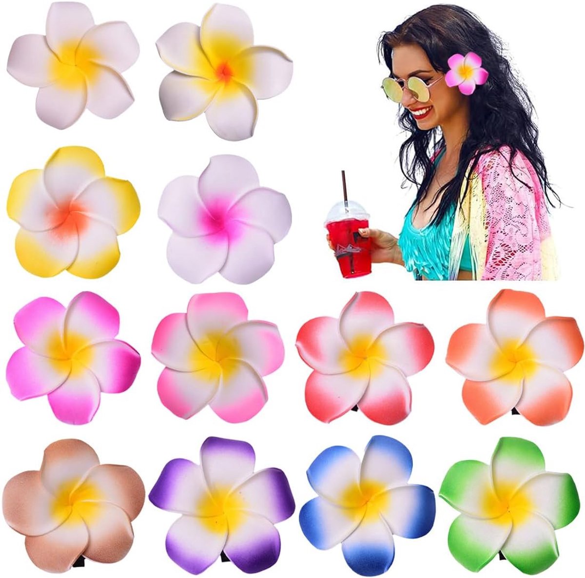 Haarclips 12 Stuks - Bloemen - Tropische Plumeria - Perfect voor Feestjes - ShopVlot