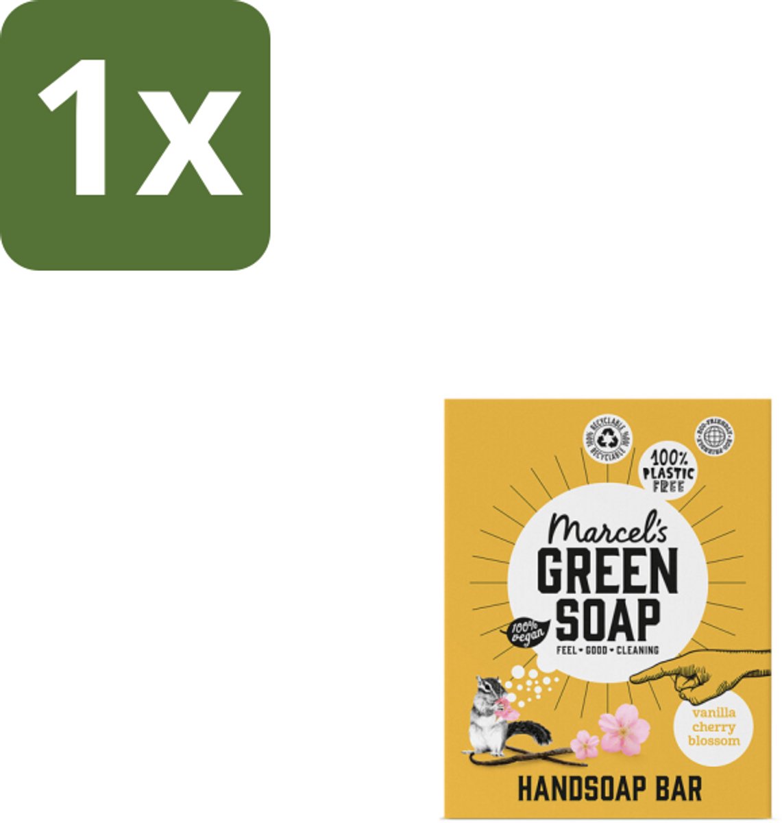 1 x Marcel's Green Soap - Handzeep Bar - Vanille & Cherry Blossom - Krachtige werking - 90 gr - Handzeep Bar - Vanille En Kersenbloesem - Plasticvrije Handzeep - Milieuvriendelijke Handzeep - Vegan Handzeep